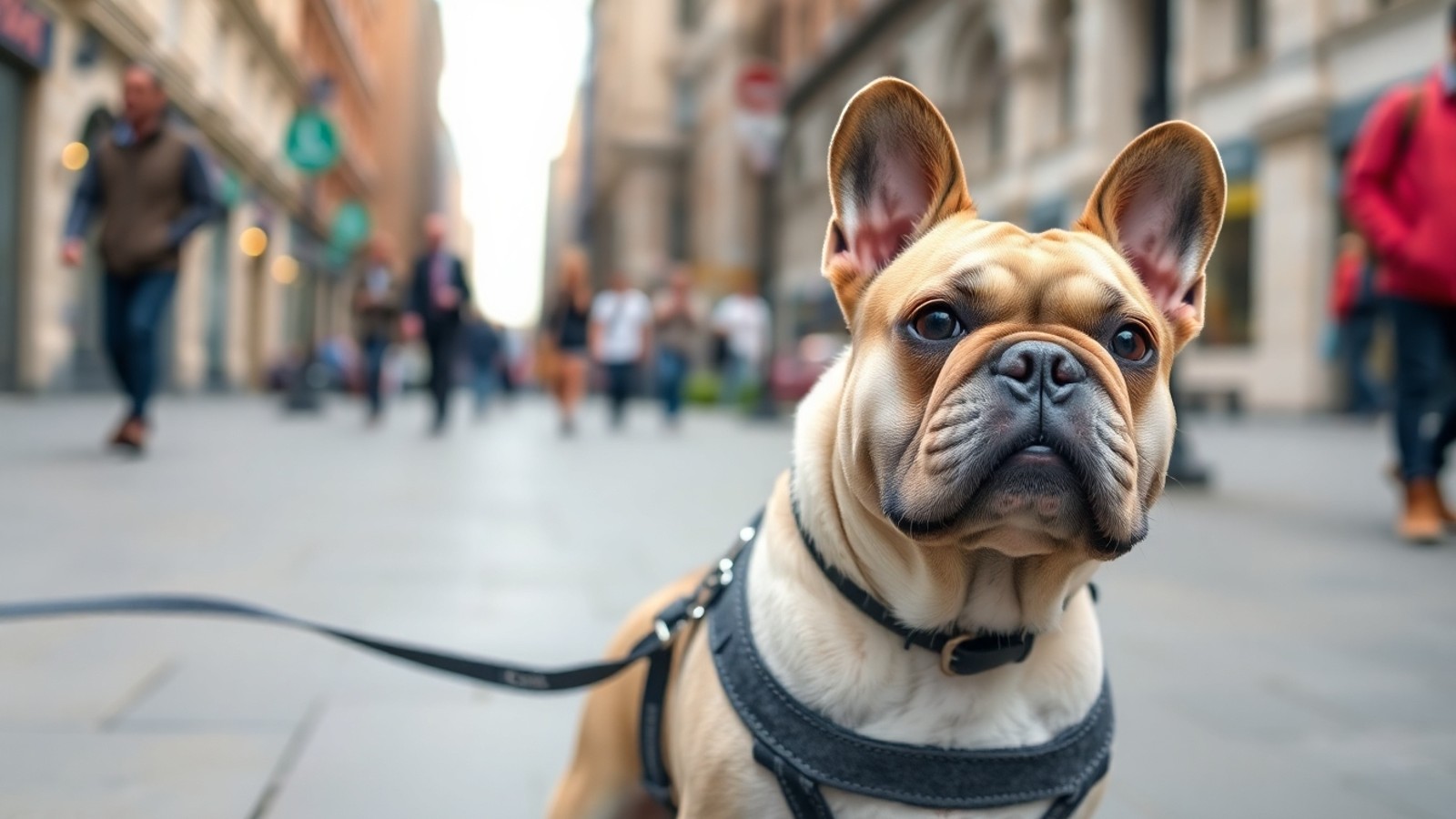 bulldog frances com peitoral em passeio