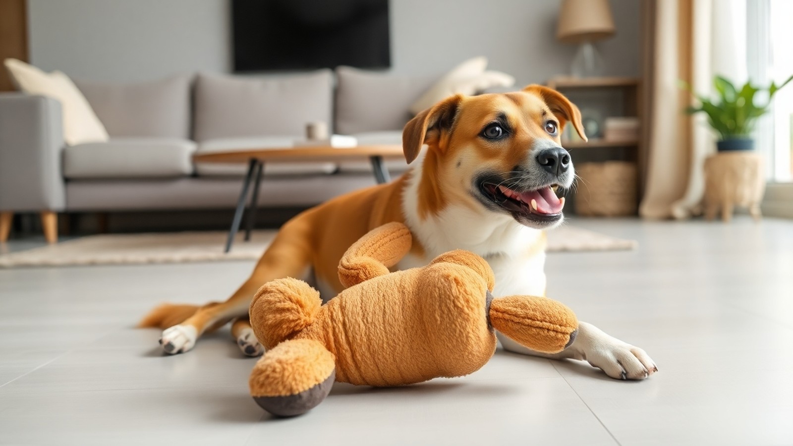 cachorro brincando com pelucia resistente