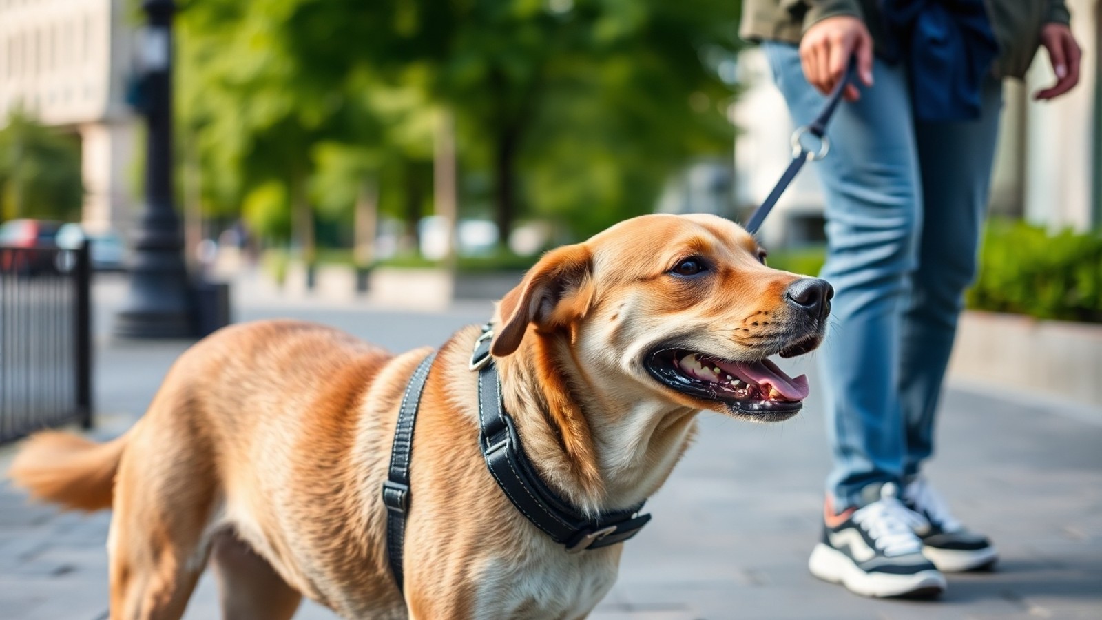 cachorro com coleira e guia em passeio