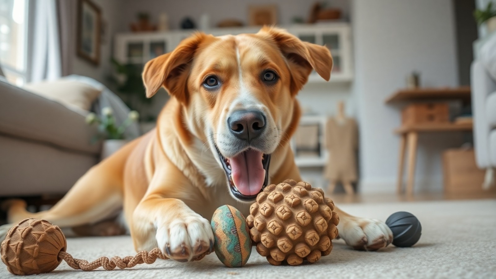 cachorro grande brincando com brinquedos resistentes