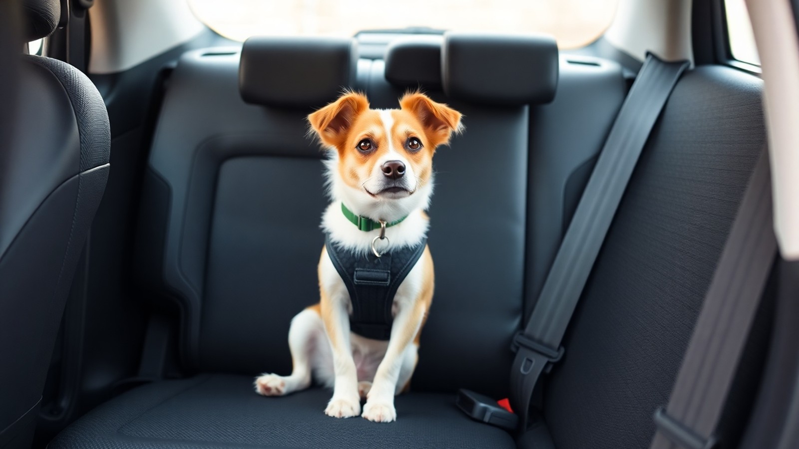 cachorro no banco traseiro com cinto de seguranca pet