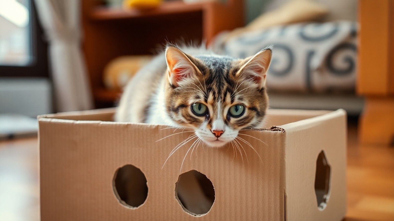 gato brincando caixa papelao furos