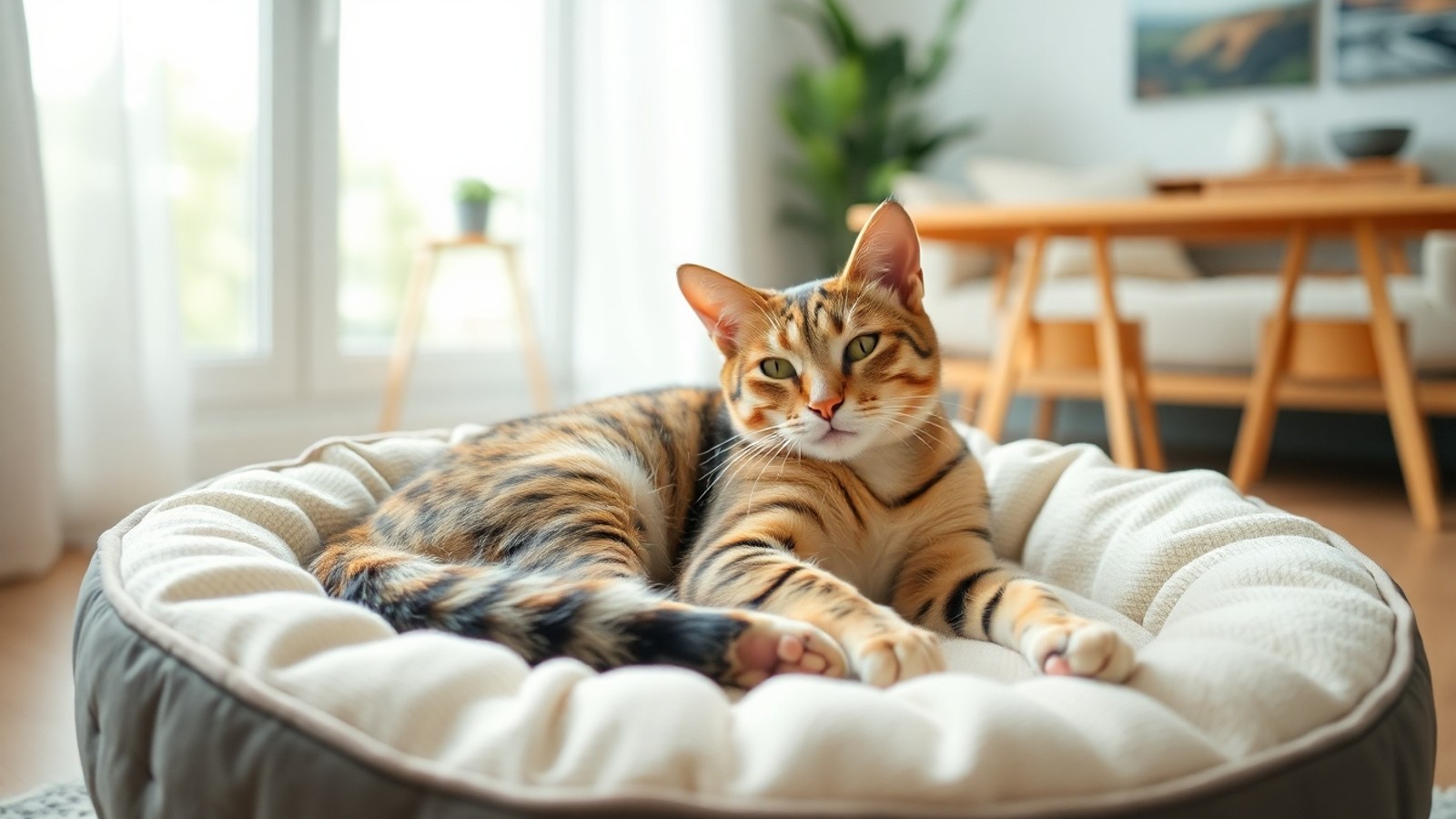 gato descansando em cama confortavel