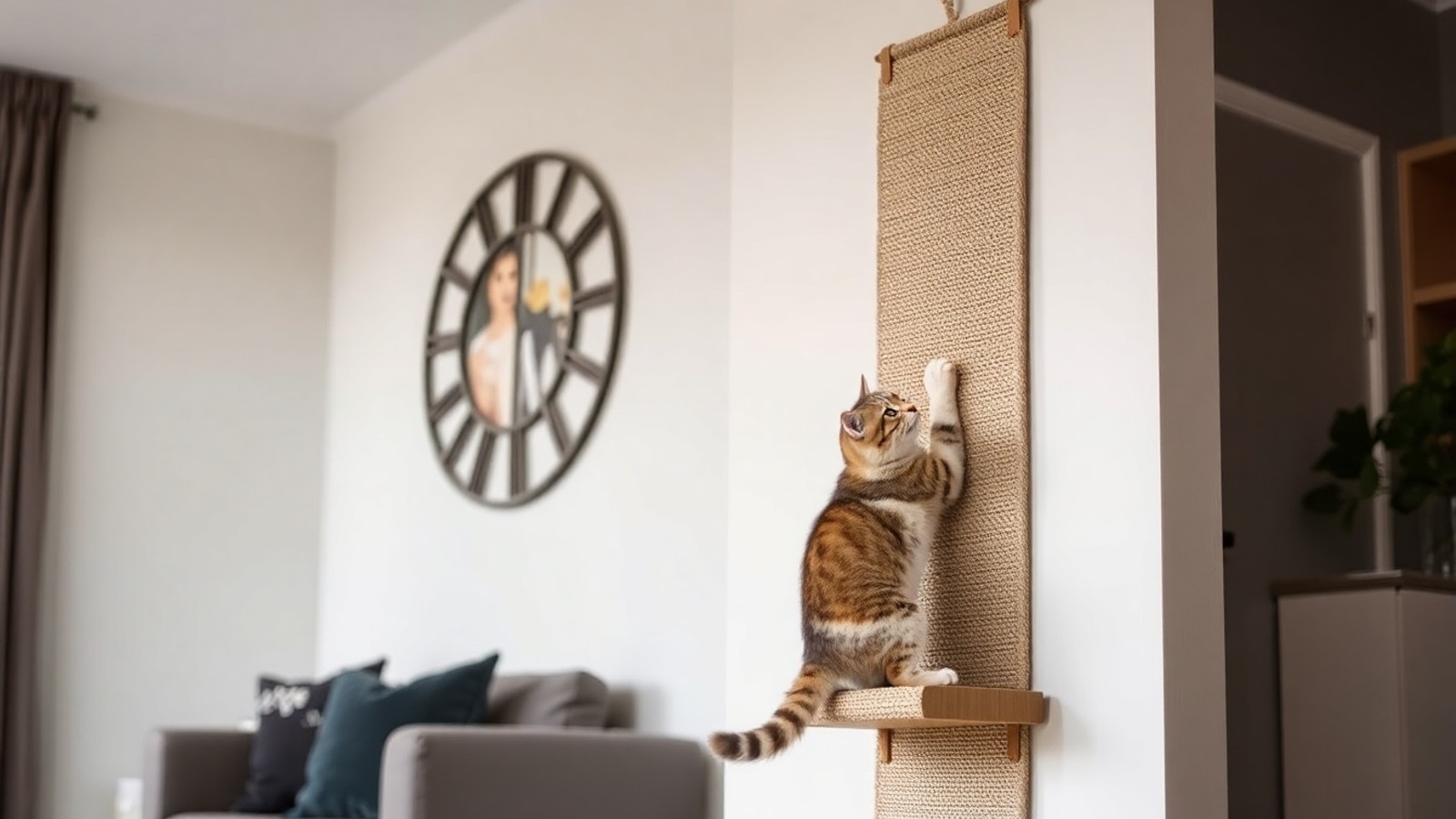gato usando arranhador de parede sisal