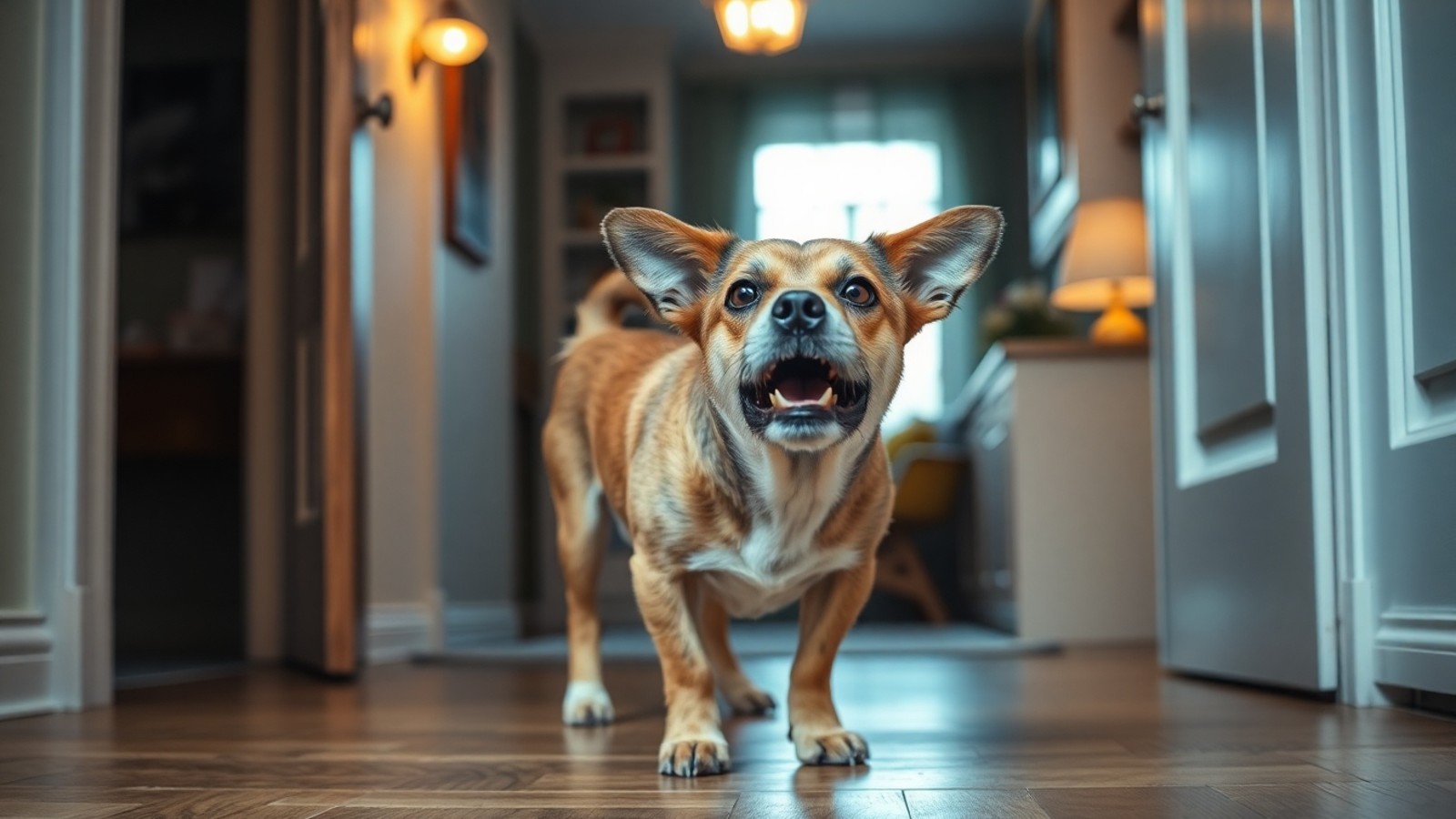 cachorro pequeno latindo na porta