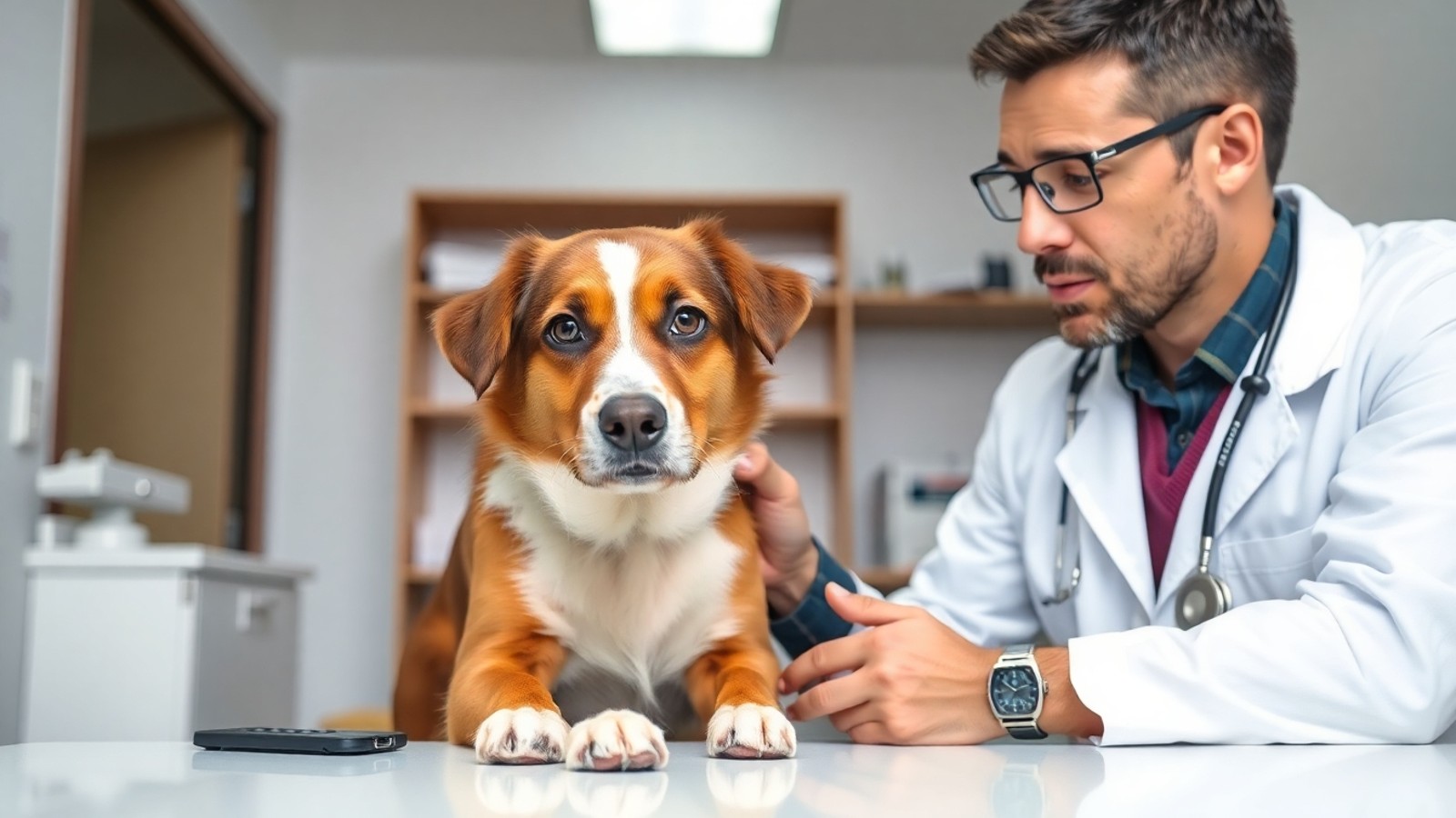 veterinario examinando cachorro doente