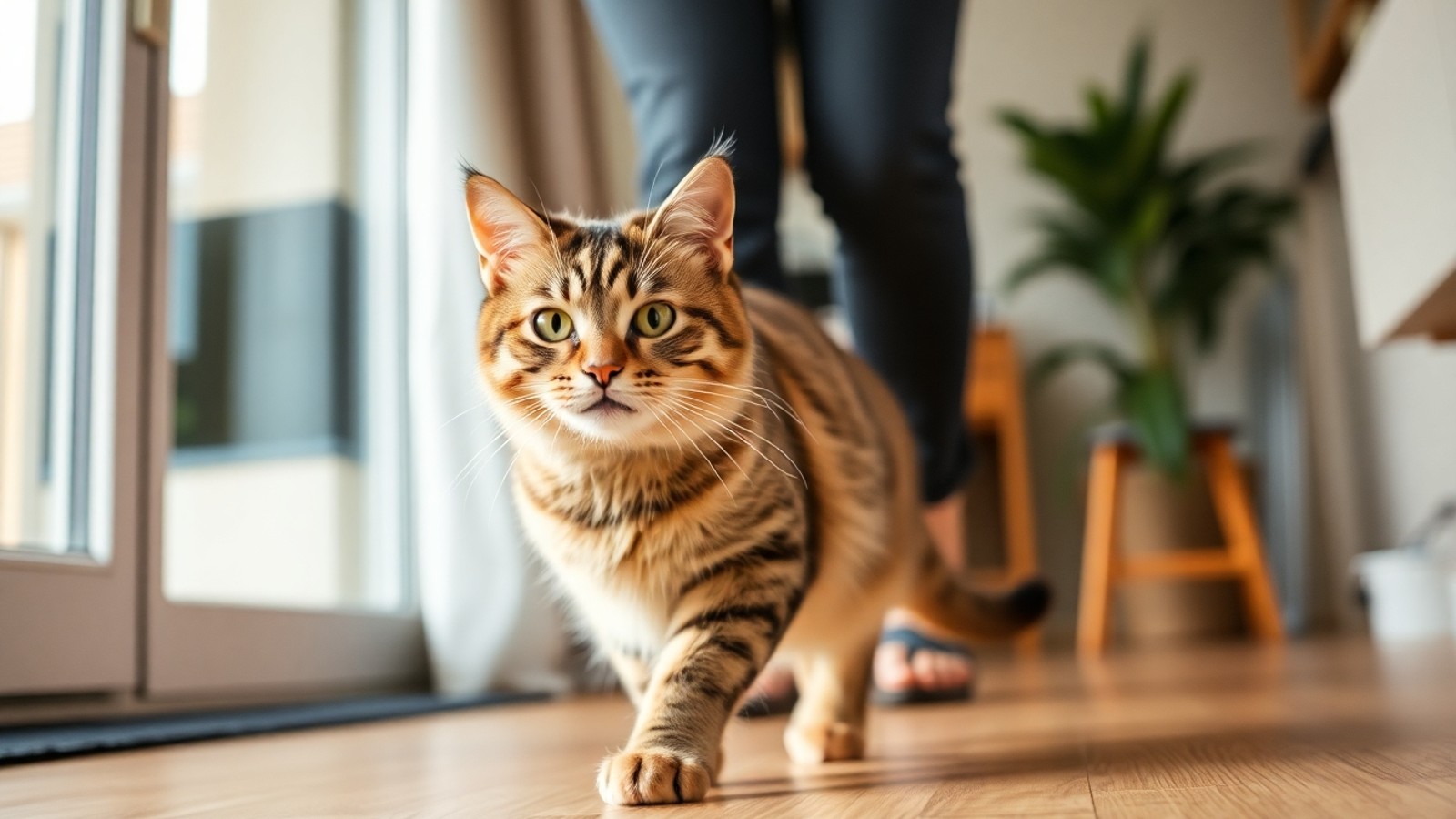 gato apaixonado seguindo o tutor