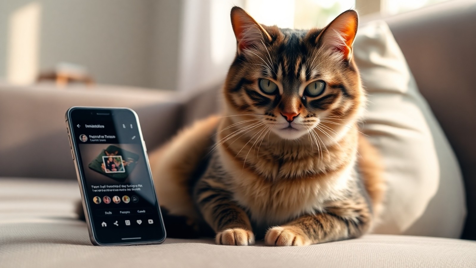 gato no sofa com celular
