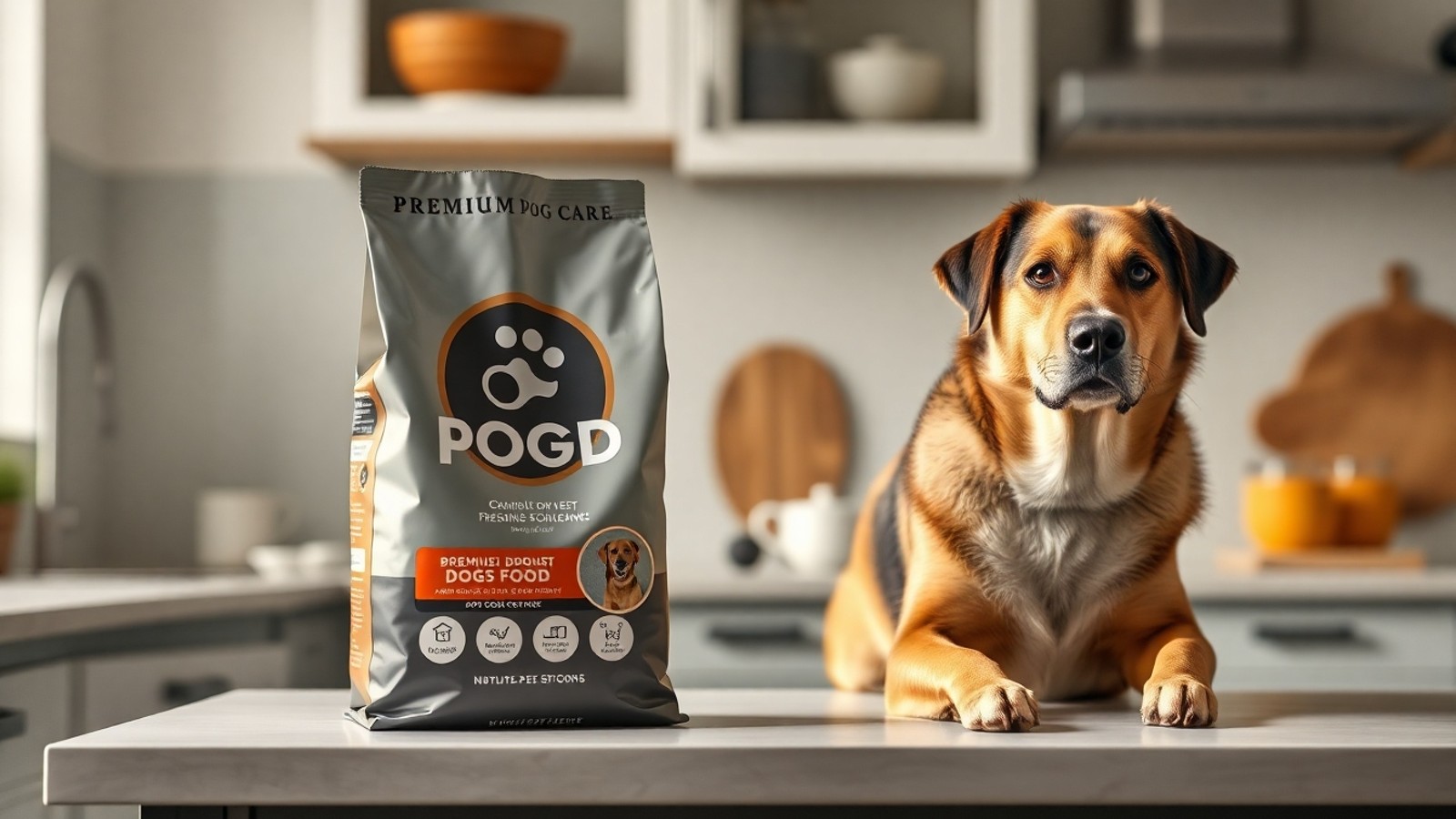 cao adulto com racao golden na cozinha