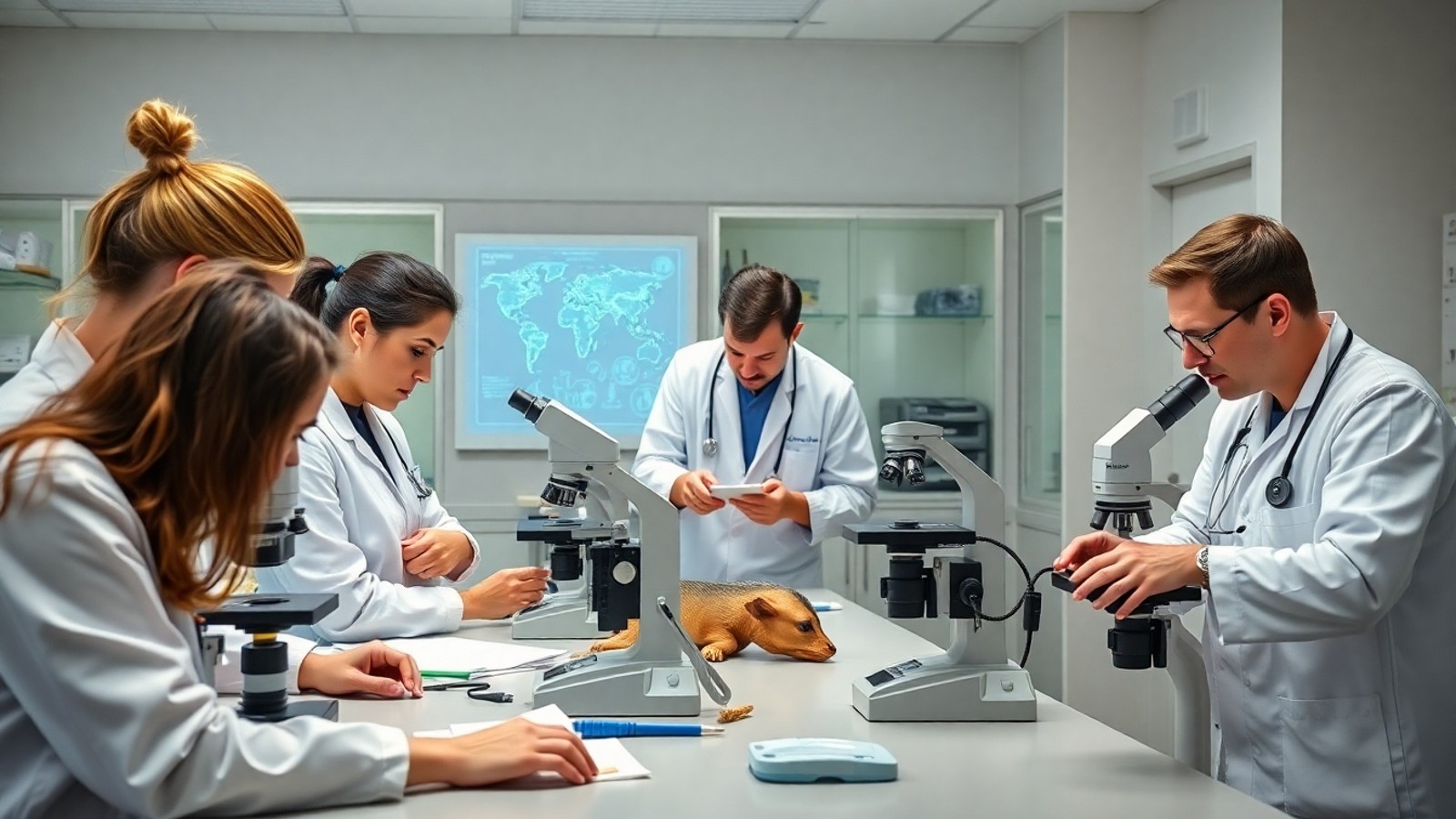 estudantes em laboratorio de medicina veterinaria